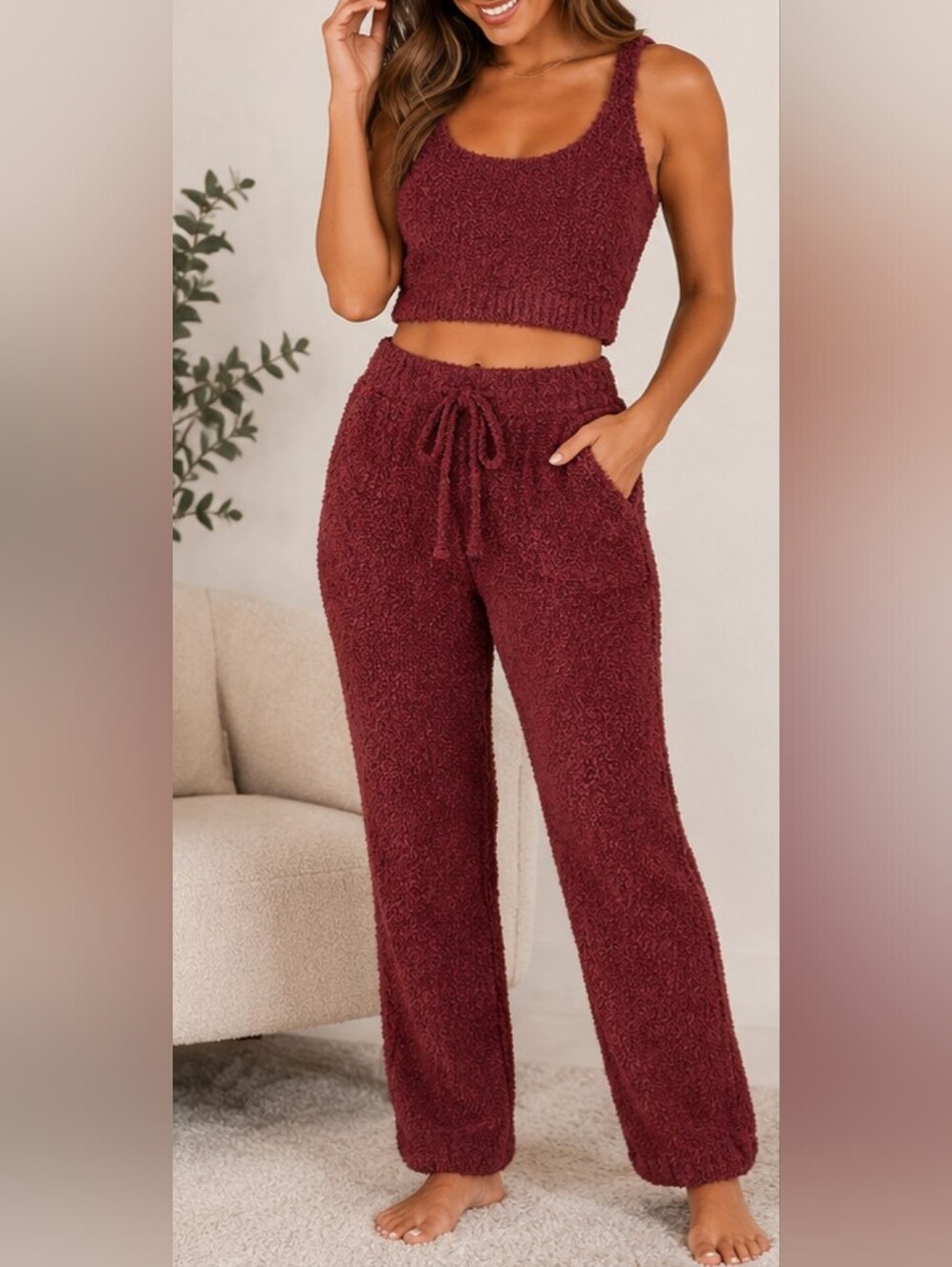 Pleshy Cozy 4 Piece Lounge Set Burgundy Eyelash Knit Cardigan Shorts Pants S View 3